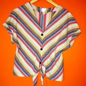 Cotton/Linen Striped Tie-Front Short Sleeve Top Multi Colored Size Medium 8/10